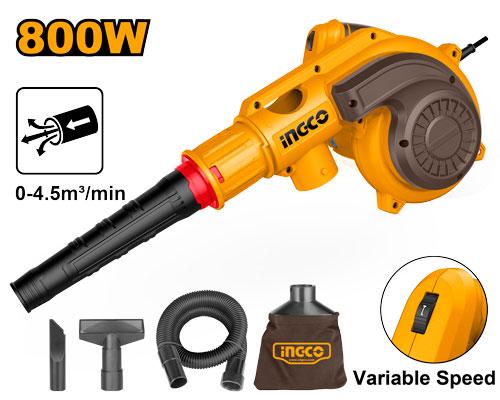 INGCO 800W Electric Aspirator Leaf Blower & Vacuum Cleaner, Variable Speed (0-4.5 m³/min), High Volume Dust Collector with Dust Bag & Suction Tube - AB8038