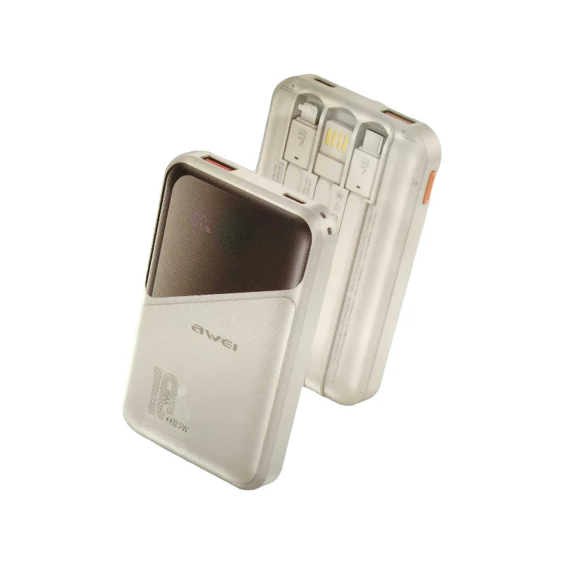 Awei P64K Fast Charging Powerbank 10000mAh Built-in 3 Cable 22.5W Super Fast Charging | Built-in Multi-Cables