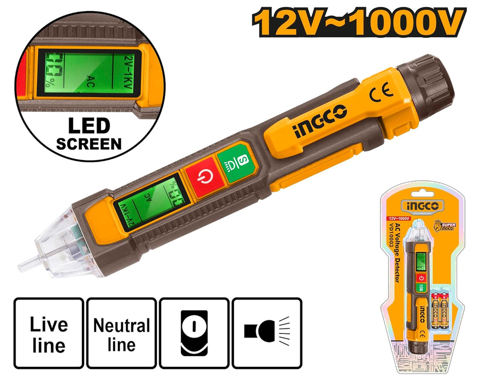 Ingco Non-Contact AC Voltage Detector | 12V–1000V Dual Sensitivity Pen Tester with LED Flashlight & Audio Alarm (VD10003)