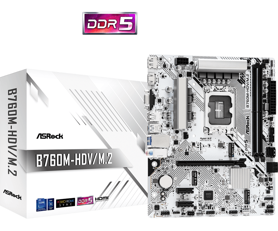 ASRock B760M-HDV/M.2 Intel 12th and 13th Generation CPU (LGA1700) B760 Chipset DDR5 Micro ATX Motherboard