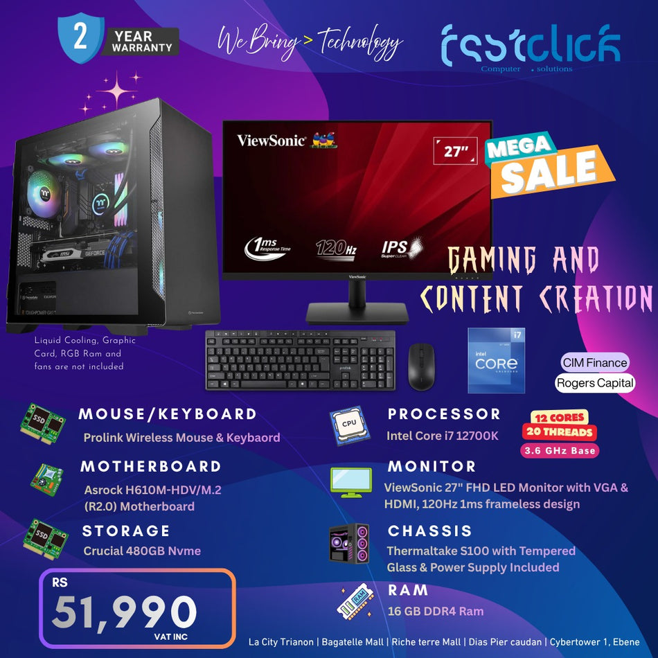 Fastclick Mega Sale: Core i7-12700K Gaming & Content Creation PC Bundle — 27" 120Hz Monitor, 16GB RAM, 480GB NVMe