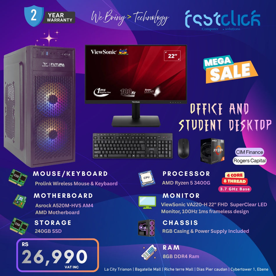 Fastclick Mega Sale: Office & Student Desktop Bundle — AMD Ryzen 5 3400G | 22" 100Hz Monitor | 8GB RAM | 240GB SSD
