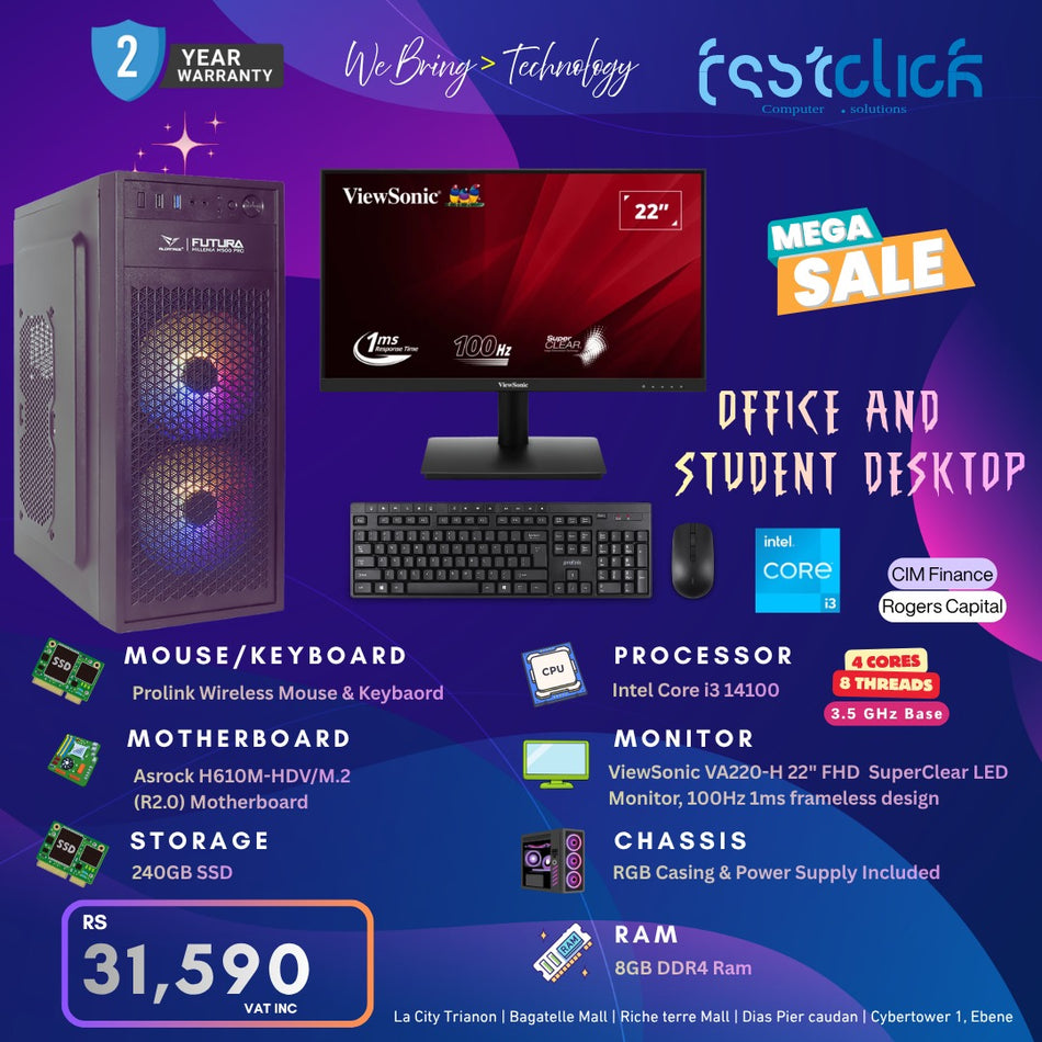 Fastclick Mega Sale: Intel Core i3-14100 Office & Student Desktop Bundle — 22" 100Hz Monitor | 8GB RAM | 240GB SSD