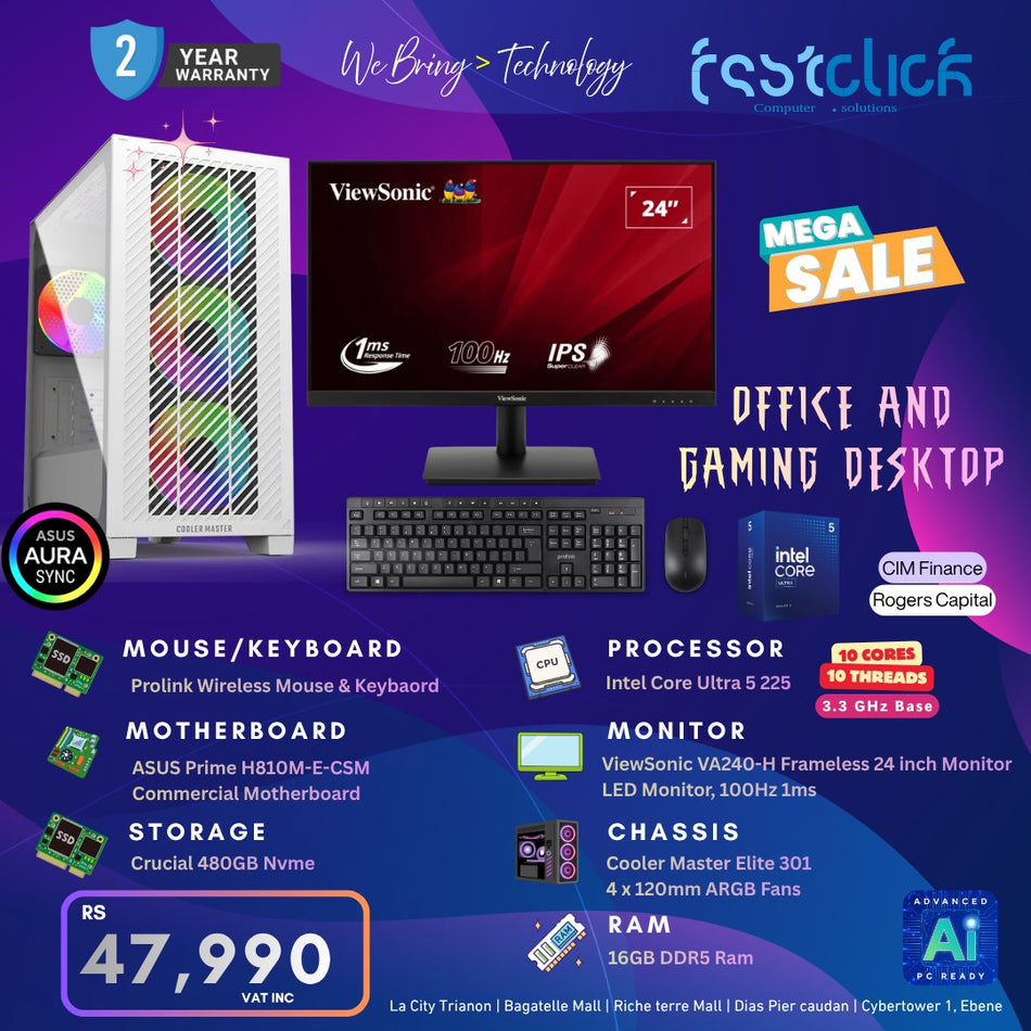 Fastclick Mega Sale: Intel Core Ultra 5 AI-Powered Office & Gaming Bundle — 24" 100Hz IPS Monitor | 16GB DDR5 | 480GB NVMe