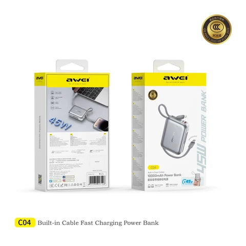 Awei C04 10,000mAh Power Bank with Built-in Cables - Silver