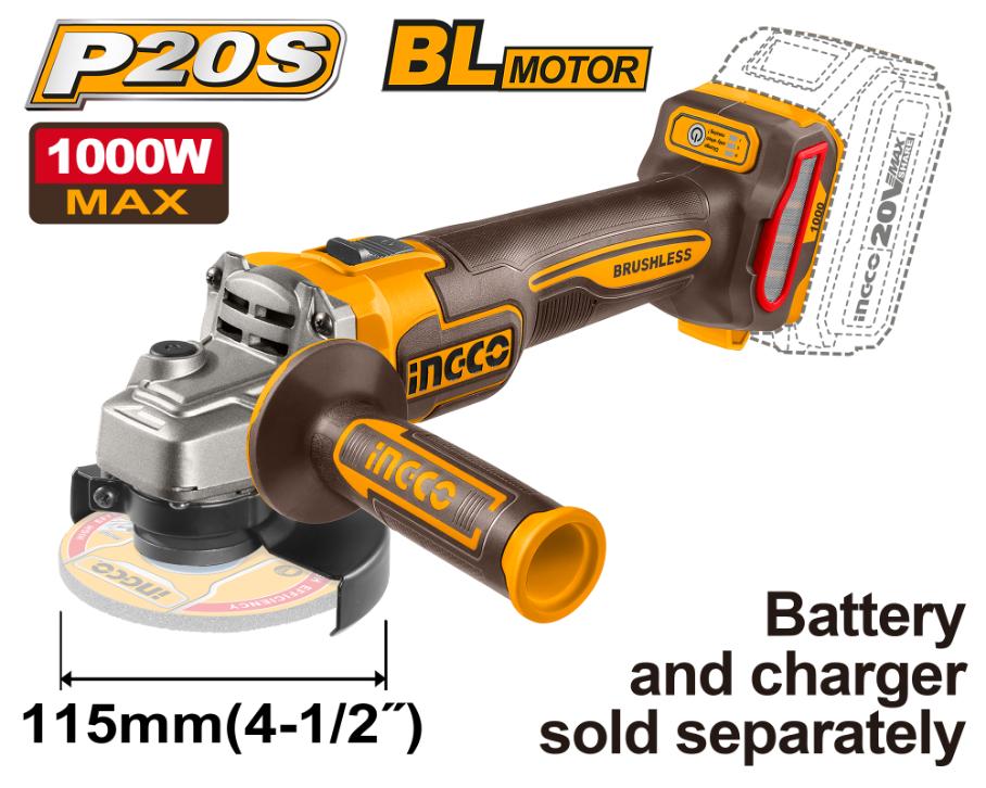 INGCO 20V Cordless Brushless Angle Grinder (CAGLI27153) – 115mm Disc, 1000W Power Output, Variable Speed Control, Body Only (Tool Only), Engineered for Superior Versatility and Performance in Professional Cutting, Grinding, and Polishing Applications.