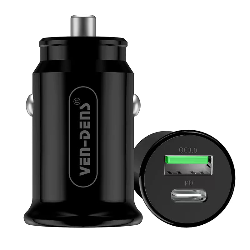 Ven-Dens VD-CC003 18W Mini PD & USB Dual Port Car Charger | Ultra-Compact Flush-Fit Fast Power Adapter