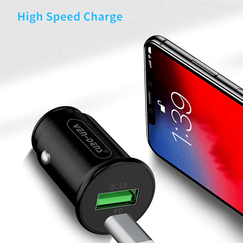 Ven-Dens VD-CC003 18W Mini PD & USB Dual Port Car Charger | Ultra-Compact Flush-Fit Fast Power Adapter