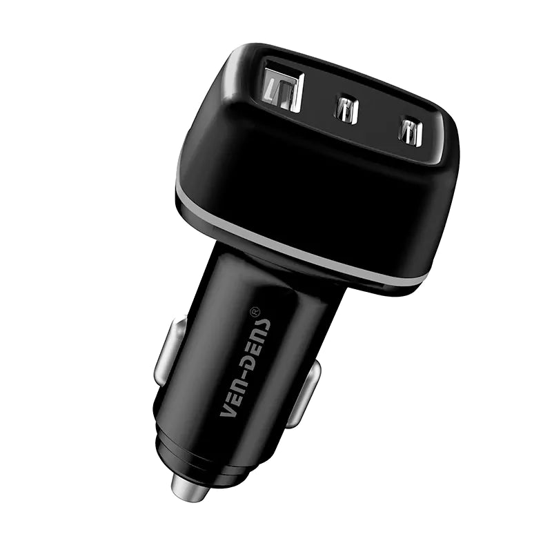 Ven-Dens VD-CC008 PD 18W 20W Adapter Dual USB Type-C Fast Car Charger (2 Type-C + 1 USB) - 12V-24V Multi-Device Vehicle Adapter