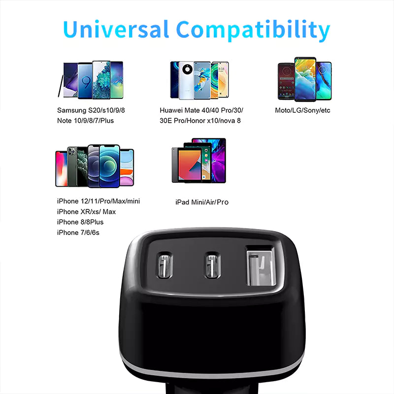 Ven-Dens VD-CC008 PD 18W 20W Adapter Dual USB Type-C Fast Car Charger (2 Type-C + 1 USB) - 12V-24V Multi-Device Vehicle Adapter