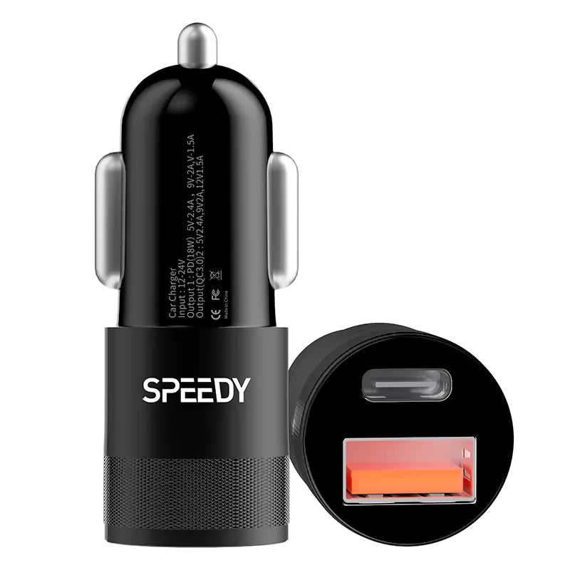 Ven-Dens VD-CC009 QC3.0+PD 18W Car Fast Charger | Dual Port USB-A & Type-C Rapid Vehicle Power Adapter