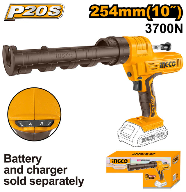 Ingco 20V Cordless Caulking Gun 2000N (Body Only) – Say Goodbye to Hand Cramps! 2000N Thrust & 4.4mm/s Variable Speed Control (CCGLI2001)