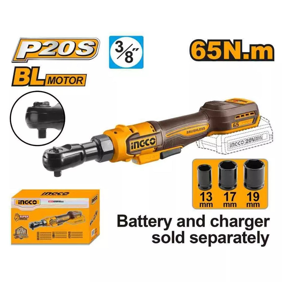 Ingco 20V 3/8" Cordless Ratchet Wrench 65NM (Body Only) Brushless Motor with LED Light (CDRLI206521)