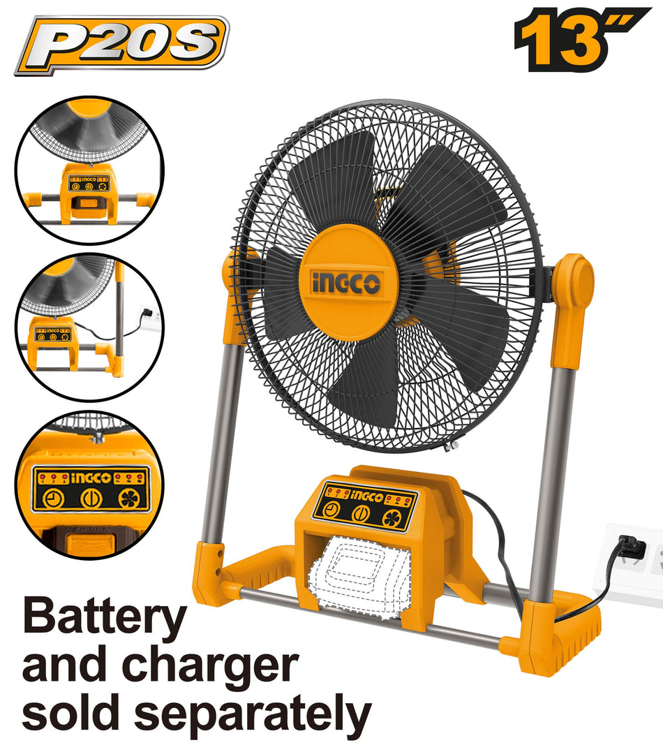 Ingco Cordless Portable Fan With Battery and Charger, Plug In/Wirelessly Use, 3 Speed Settings, Timing Settings and 360º Airflow Fan, for Home and Industrial use - CFALI2001