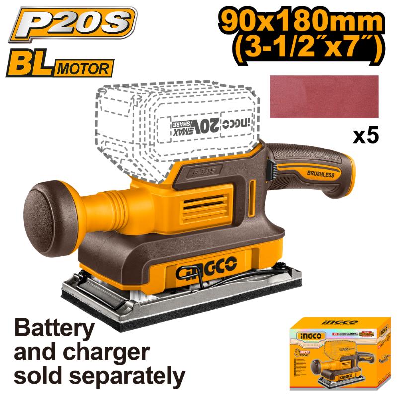 INGCO 20V Brushless Lithium-Ion Finishing Sander (CFSLI2031) – 90x180mm Sanding Pad, High-Performance Motor, Ergonomic Design, Engineered for Precision Surface Smoothing and Professional Woodworking Applications.