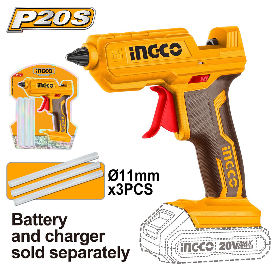 INGCO 20V Cordless Glue Gun (CGGLI2001) – Multi-Color Aesthetic, Fast-Heating Element, Ergonomic Trigger Design, Compatible with P20S Lithium-Ion System, Optimized for Precise Adhesive Application in Professional and DIY Projects.