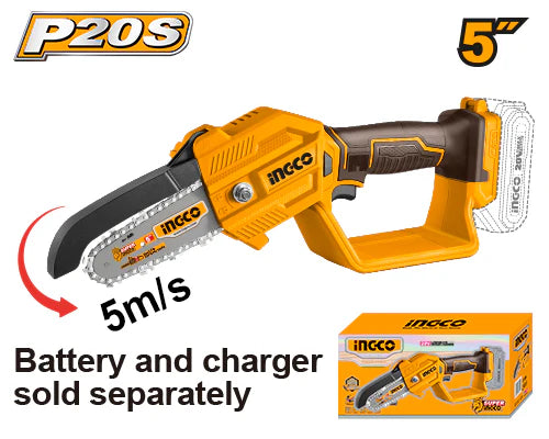 INGCO 20V Lithium-Ion Cordless Pruner Saw (CGSLI2058) – 5" Bar Length, Lightweight Ergonomic Design, Engineered for Precision Pruning and Efficient Garden Maintenance.