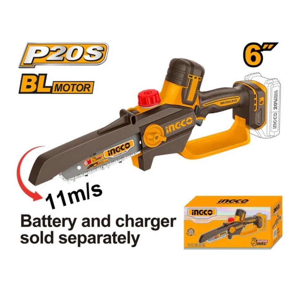 INGCO 20V Brushless Cordless Pruner Saw (CGSLI2066) – 6" (15cm) Bar Length, 11m/s Chain Speed, Auto-Lubrication System, Compact and Lightweight Design for Efficient Garden Pruning and Maintenance.