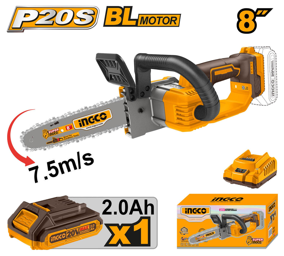 INGCO 20V Brushless Cordless Chainsaw - 8" Bar, 7.5m/s Chain Speed, 2.0Ah Battery & Charger Included - Lightweight Electric Chainsaw for Pruning, Trimming & Wood Cutting - CGSLI20851