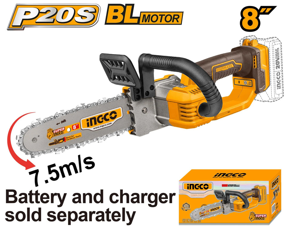 INGCO 20V 8" Cordless Chainsaw (CGSLI2085) – Compact and Efficient Cutting Performance, Lightweight Design, Engineered for Precision Pruning and Versatile Gardening Applications.