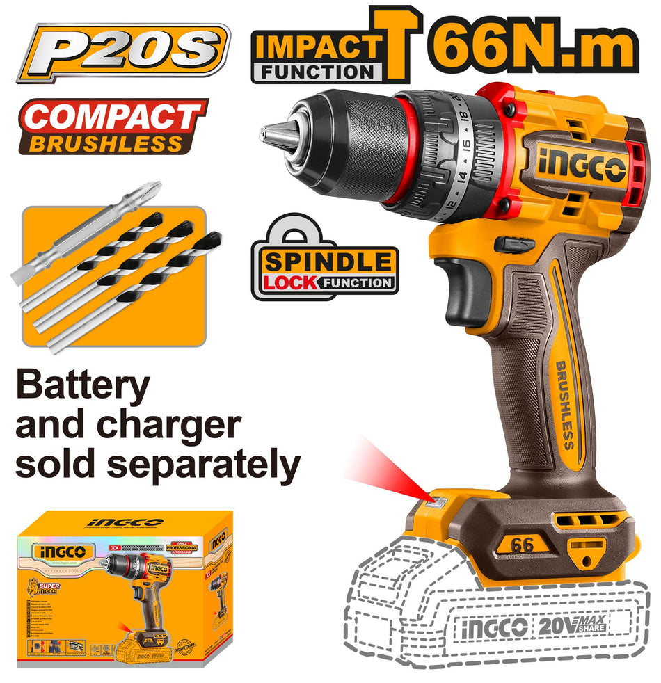 INGCO 20V Cordless Hammer Drill (Body Only), Compact Impact Drill 66NM, Brushless Motor, Variable Speed Control, 22+1+1 Torque Setting with LED Work Light CIDLI206681