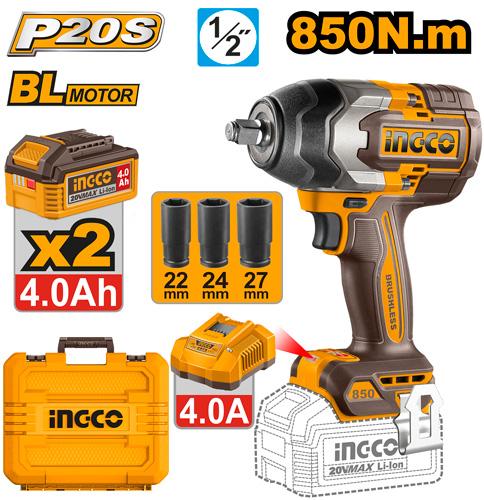 Ingco Cordless Impact Wrench 850Nm Nut-Busting Torque1000Nm, with Brushless Motor 1/2Inch 20V Battery Impact Gun with 2Pcs 4.0 Ah Battery and 1Pcs Charger- CIWLI2085