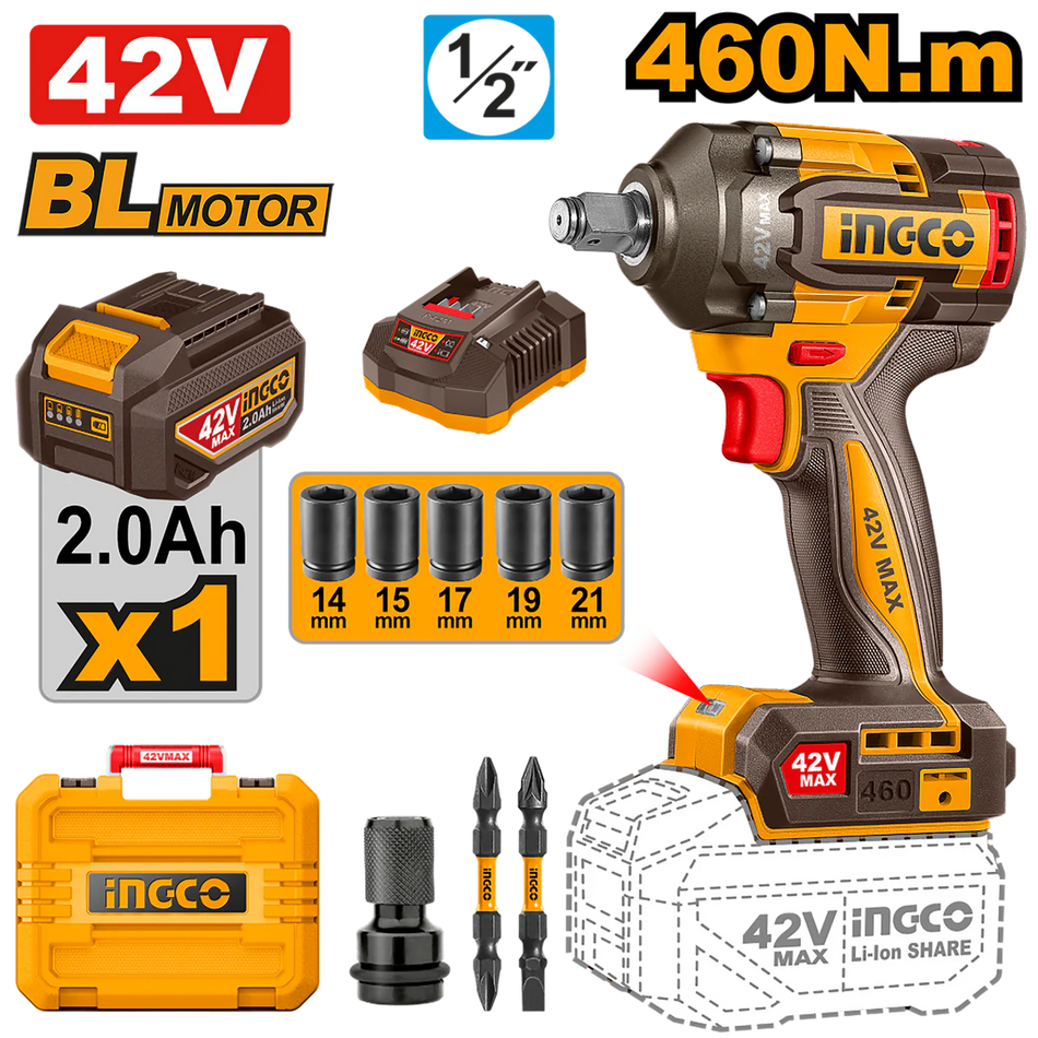 INGCO Cordless Impact Wrench (CIWLI42461) – High-Torque Performance, Ergonomic Brushless Motor Design, Engineered for Reliable Fastening and Efficient Automotive and Industrial Applications.