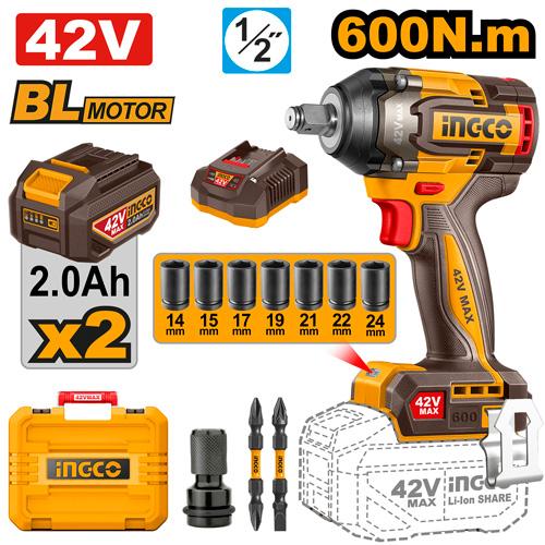 INGCO 42V Cordless Impact Wrench (CIWLI42602) – 1/2" Drive, 600Nm High-Torque Performance, Brushless Motor, Engineered for Heavy-Duty Fastening and Industrial Automotive Applications.
