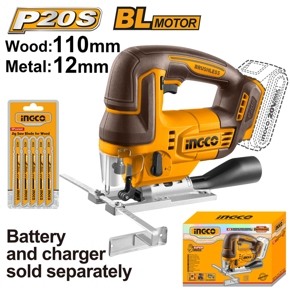 INGCO 20V Cordless Jig Saw (CJSLI1008) – Body Only, High-Performance Brushless Motor, 3,000RPM Stroke Rate, Includes 5-Piece Blade Set, Engineered for Precise, Efficient Cutting Across Various Materials.