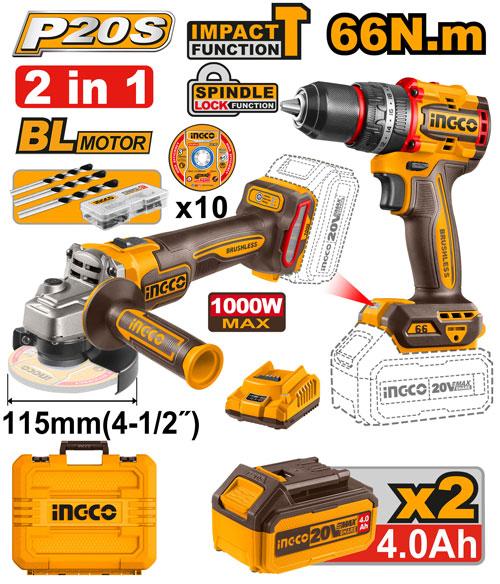 INGCO 2-Piece Cordless Combo Kit (CKLI20273) – Includes Angle Grinder and Impact Drill, P20S Lithium-Ion System, Engineered for Versatile Cutting, Grinding, and Drilling Performance in Professional Applications.