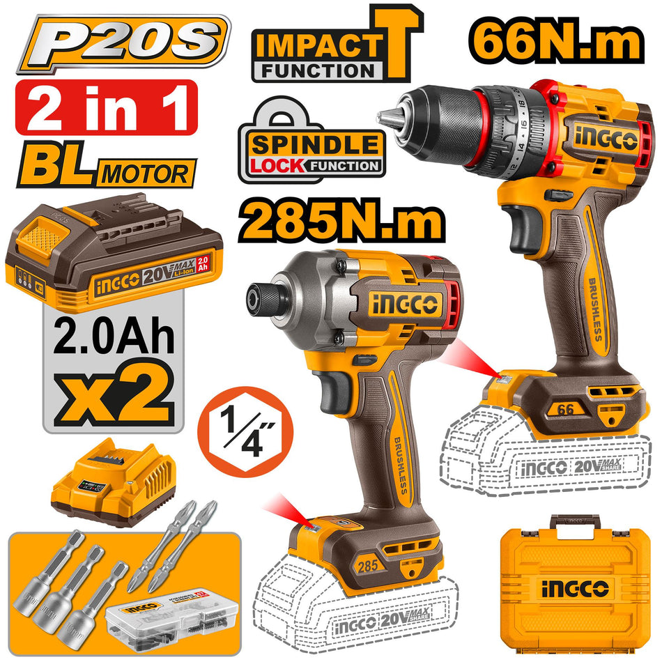 INGCO 20V Brushless Twin Pack (CKLI20277) – Includes 285Nm Impact Driver and 66Nm Impact Drill, 2x 2.0Ah Batteries, and 1x Charger, Engineered for High-Torque Performance and Professional-Grade Efficiency.
