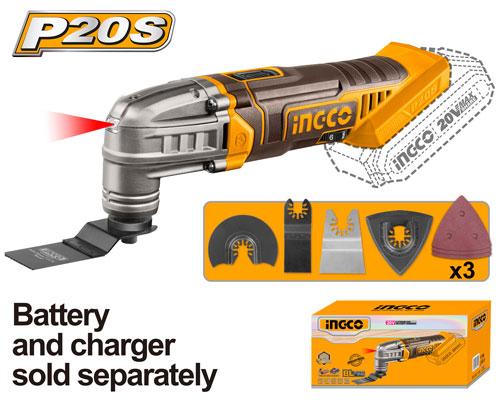 INGCO 20V Cordless Multi-Tool (CMLI2022) – Body Only, Variable 5,000–20,000 OPM Oscillating Speed, Includes 8-Piece Accessory Kit, Versatile Performance for Precision Sanding, Sawing, and Cutting Applications.