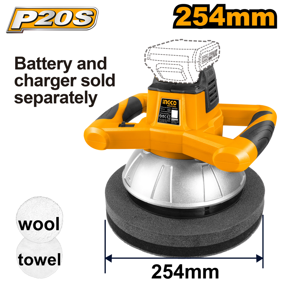 INGCO Lithium-Ion Polisher (COPLI2001) – 20V High-Performance Motor, Variable Speed Control for Precision Finishing, Ergonomic Design for Comfortable Operation, Optimized for Professional Automotive Detailing and Surface Polishing.