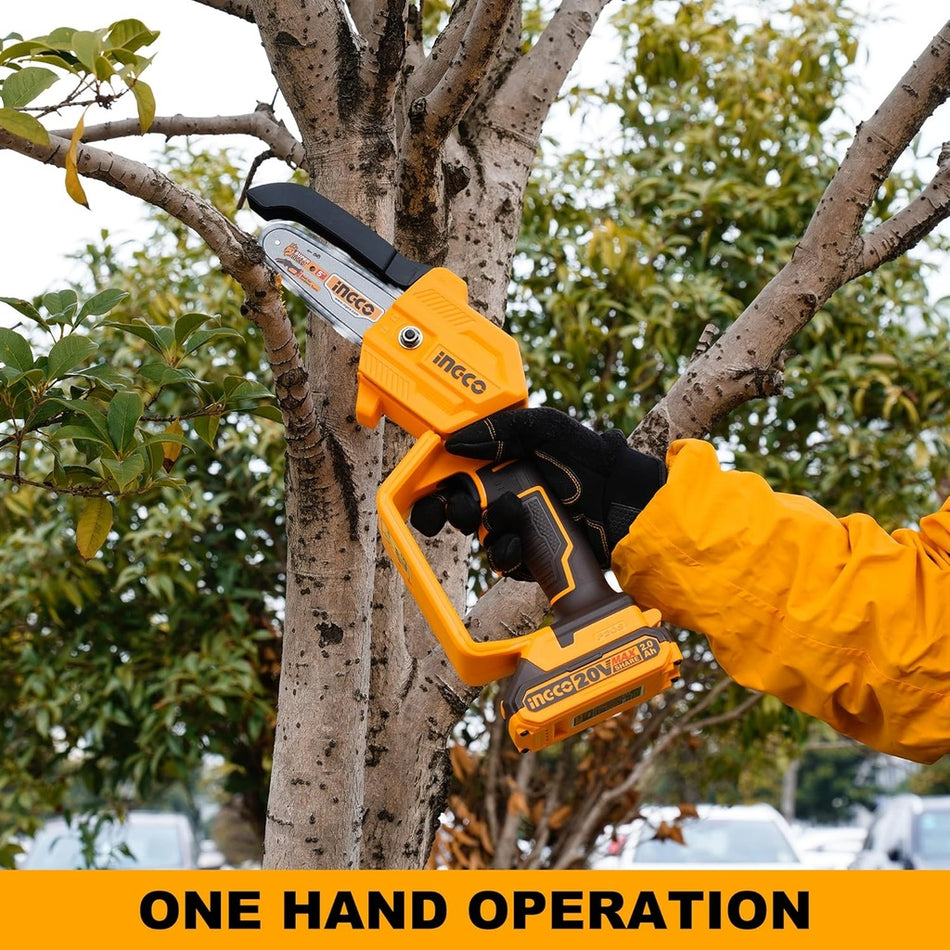 INGCO 20V Lithium-Ion Cordless Pruner Saw (CGSLI2058) – 5" Bar Length, Lightweight Ergonomic Design, Engineered for Precision Pruning and Efficient Garden Maintenance.