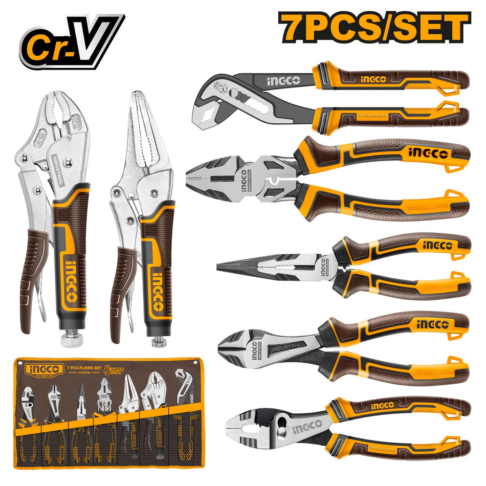 INGCO 7-Piece High-Leverage & Locking Pliers Tool Set – Forged Chrome Vanadium Steel, Three-Color Ergonomic TPR Grips, and Canvas Roll Storage Bag (COS23036)