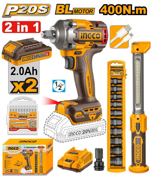 Ingco 1/2" Cordless Impact Wrench Kit, 400 N.m, 2 x 2.0 Ah Batteries, 10-Piece Socket Set, LED Work Light, 10-Piece Screwdriver bit - COSLI23048