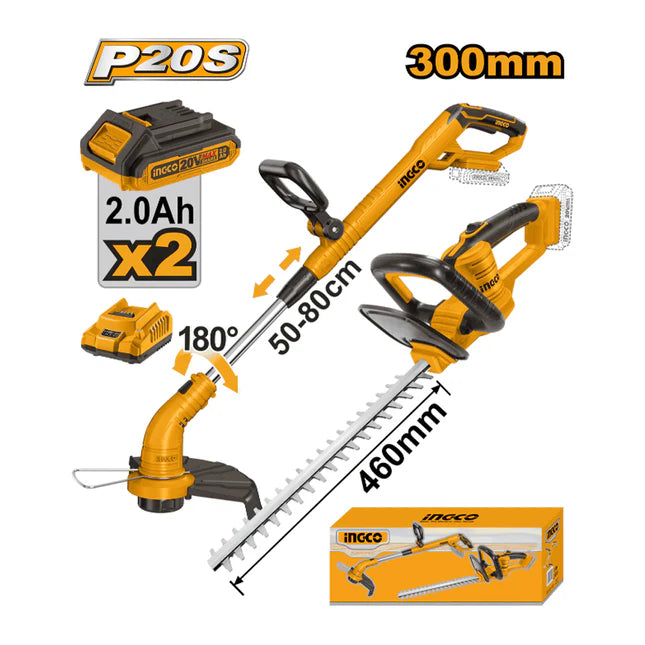 INGCO 2-Piece Cordless Garden Combo Kit (COSLI240585) – Includes 20V Grass Trimmer and 20V Hedge Trimmer, Powered by the P20S Lithium-Ion System, High-Efficiency Motors, Lightweight and Ergonomic Design for Comfortable and Versatile Garden Maintenance.