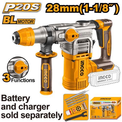 INGCO Cordless Rotary Hammer 28mm (Body Only) 20V Lithium-Ion Brushless Hammer 3IN1 Function Adjust Knob, 4.5J, 4400BPM, 3Pcs Drill Bits and 1Pcs Chisel (CRHLI20288)