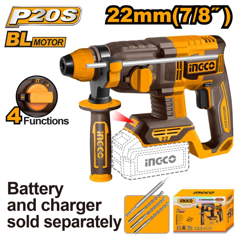 INGCO 20V Brushless SDS-Plus Rotary Hammer (CRHLI21228) – 22mm Concrete Capacity, 1,100 RPM, 2.0J Impact Energy, Multi-Function Mode Selector, Ergonomic Anti-Vibration Design for Precision Masonry Work.