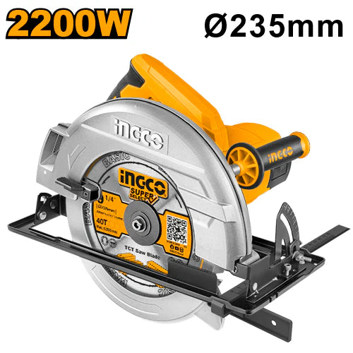 INGCO 2200W Circular Saw (CS23522) – 235mm Blade Diameter, 4300 RPM No-Load Speed, Adjustable Cutting Depth & Bevel Capacity, Includes 1pc 235mm Blade & Extra Carbon Brushes.