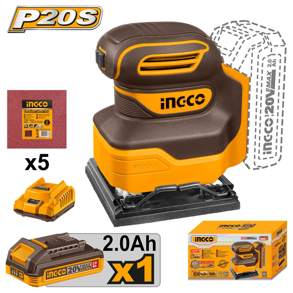 INGCO 20V Cordless 1/4 Sheet Sander (CSHSLI2024) – 12,000 RPM No-Load Speed, 110mm x 100mm Base, Ergonomic Palm-Grip Design, Includes 5 Sanding Sheets (Bare Tool: Battery & Charger Sold Separately).