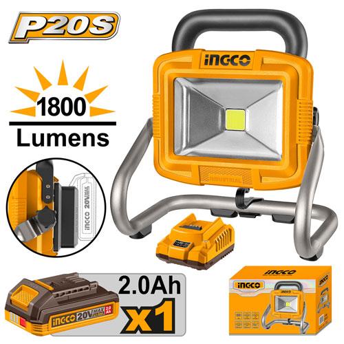 INGCO 20V Cordless Portable Lamp (CWLI20258) – High-Performance LED Work Light, Compact and Durable Design, Multi-Angle Adjustable Head for Versatile Lighting, Ideal for Professional Workshop and Jobsite Illumination.