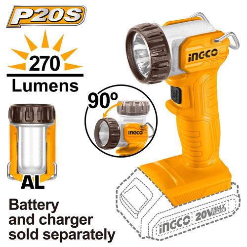 INGCO 20V Battery Powered Flashlight (CWLI2038) – High-Quality 270 Lumen LED Work Light, Cordless Convenience, Ergonomic Compact Design, Long-Lasting Illumination for Professional and DIY Projects.