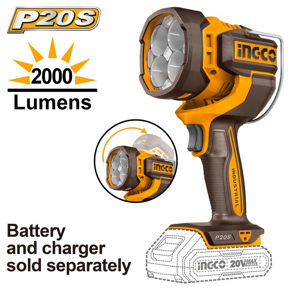 INGCO 20V Lithium-Ion Cordless Torch (Body Only) 2000LM, 3 Mode Settings, Adjustable Head, Hands-Free Design, Handheld Work Lamp (CWLI2088) [Energy Class F]