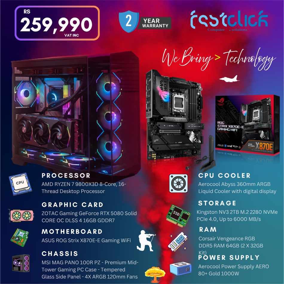 MSI MAG PANO 100R PZ Premium Mid-Tower Gaming PC, RYZEN 7 9800X3D, ASUS ROG Strix X870E-E Gaming WiFi Motherboard, ZOTAC Gaming GeForce RTX 5080, 2TB Nvme, Corsair Vengeance RGB DDR5 64GB, Liquid Cooling, 1000W Power Supply,