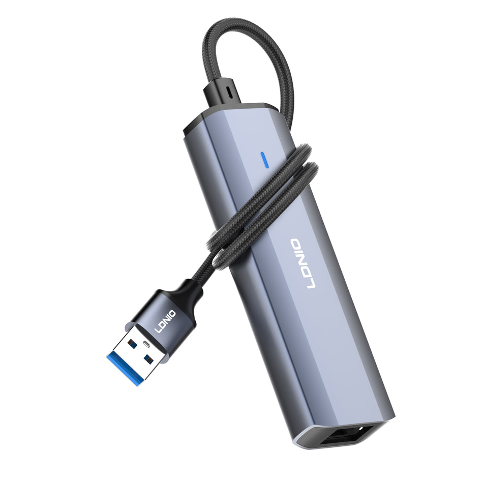 LDNIO DS-124U-1.2M | 4-in-1 USB-A Network Hub (120cm Long Cable) | 3x USB 3.0 + RJ45 Ethernet