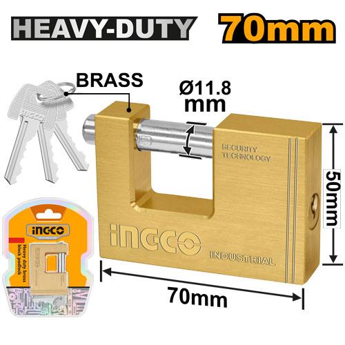 INGCO 70mm Heavy-Duty Solid Brass Block Padlock – Premium Monoblock Armored Security Lock with Anti-Cut Hardened Shackle & 3 Brass Keys (DBBPL0702)