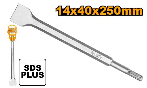 Ingco 10" Professional SDS-Plus Wide Flat Chisel | 14mm x 250mm x 40mm Heavy-Duty Hardened Steel Masonry Scaling Spade Chisel Layout (DBC0122502)