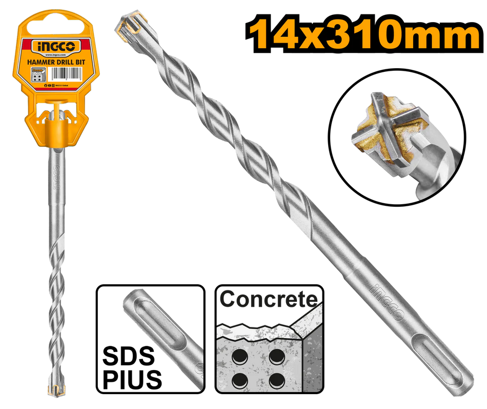 Ingco Professional 12-Inch SDS-Plus Hammer Drill Bit - 14mm x 310mm Heavy-Duty Tungsten Carbide Tipped Masonry Drill Bit with U-Flute Layout (DBH1211404)
