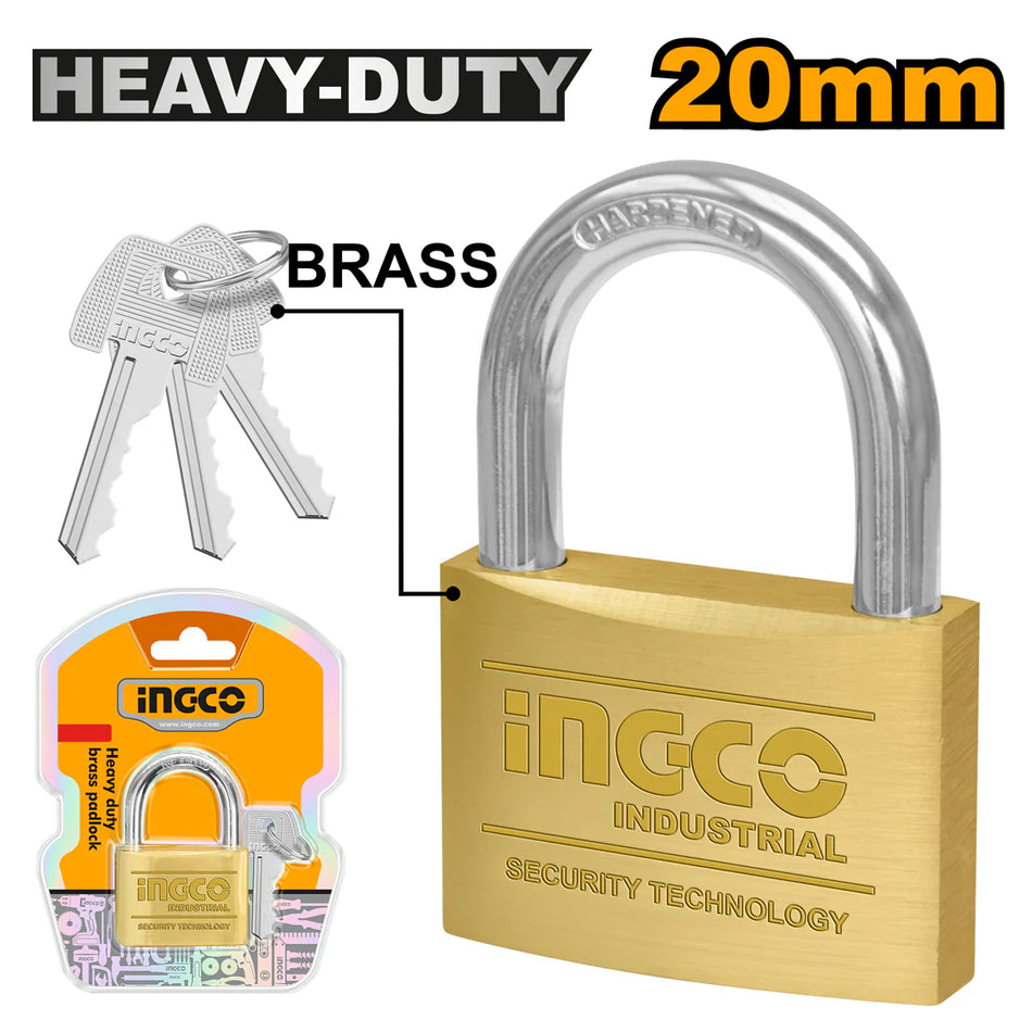 Ingco 20mm Heavy-Duty Brass Padlock | Premium Solid Brass Security Lock with Hardened Steel Shackle & 3 Brass Keys (DBPL0202)